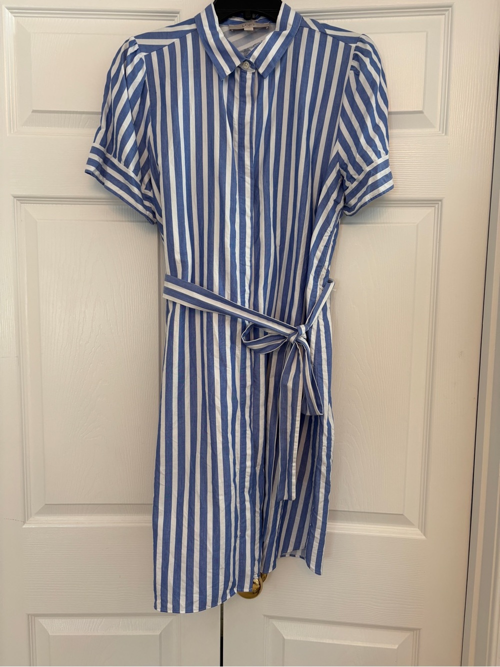 LOFT Blue and White Striped Shirt Dress with Tie Waist